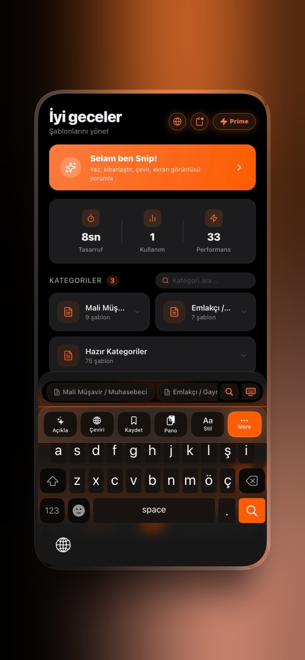 Snippad dock alanı — klavyenin üstünde ara, yapıştır, çevir, kaydet